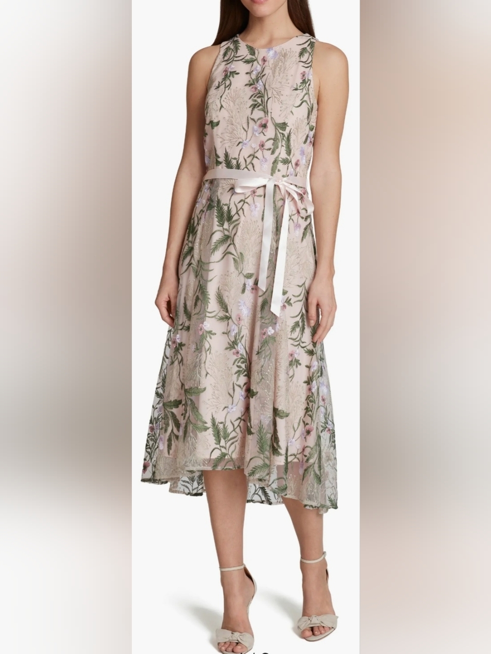Tahari Blush Floral Embroidered High-Low Dress